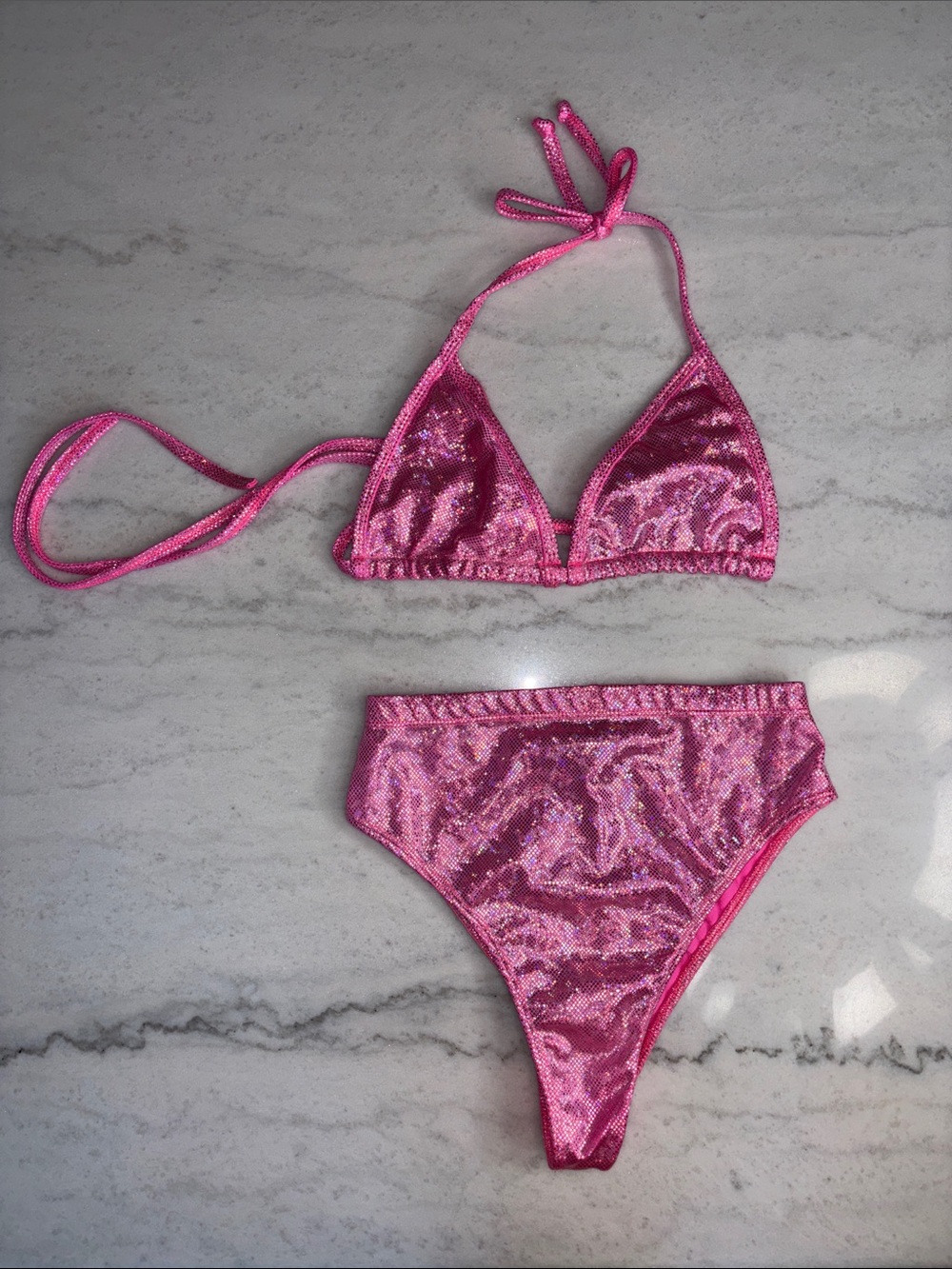 Freedom Ravewear Pink Sequin Triangle Bikini / Rave Set SMALL